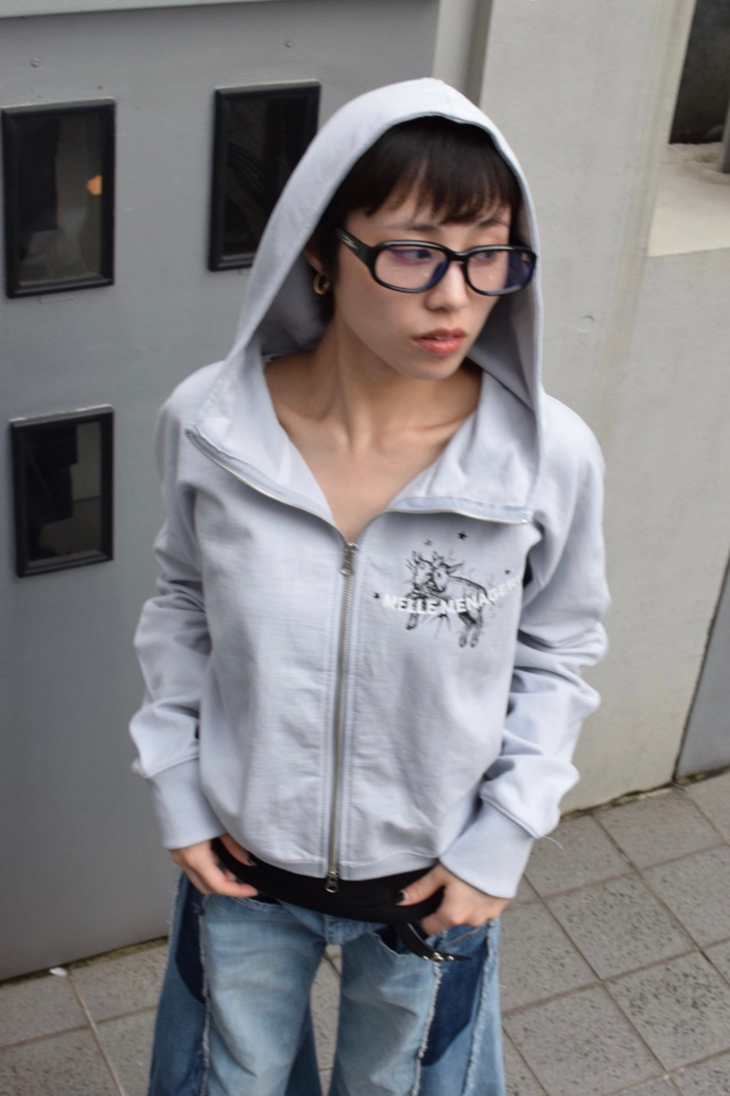 "Two-Headed Sheep" Balloon Fit Hoodie| light blue