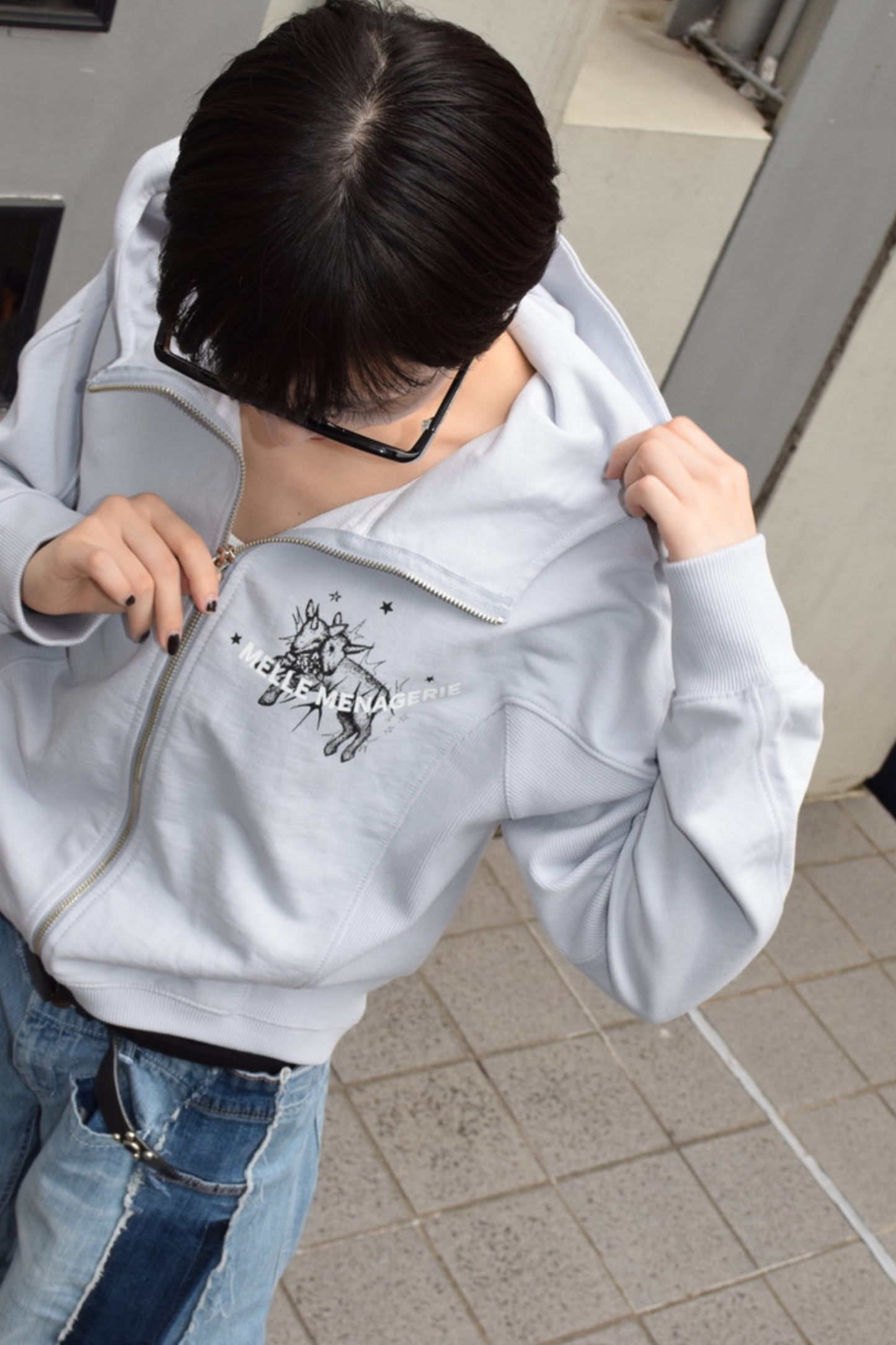 "Two-Headed Sheep" Balloon Fit Hoodie| light blue