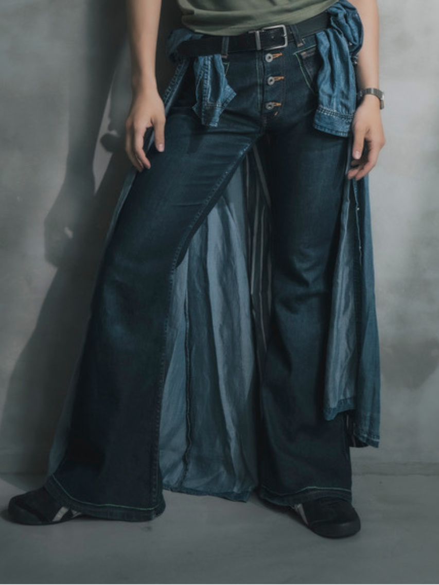 Upcycled Vintage Collection - Double Denim Flare Pants (Blue)