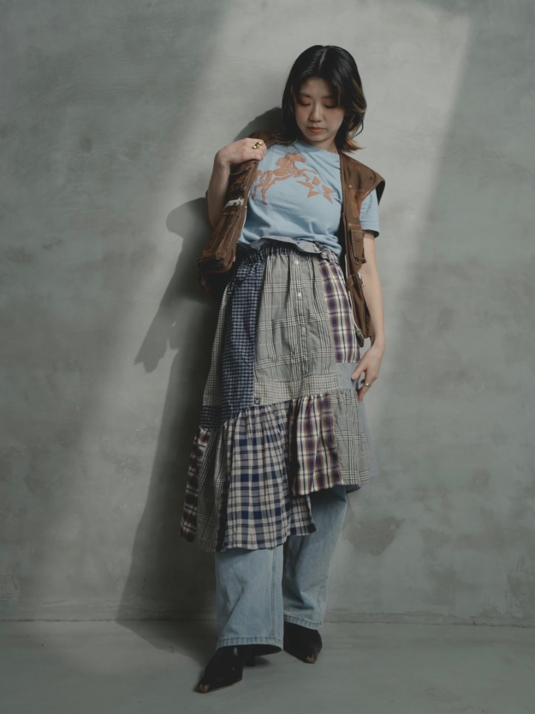 Upcycled Vintage Collection - Patchwork Check Flare Skirt