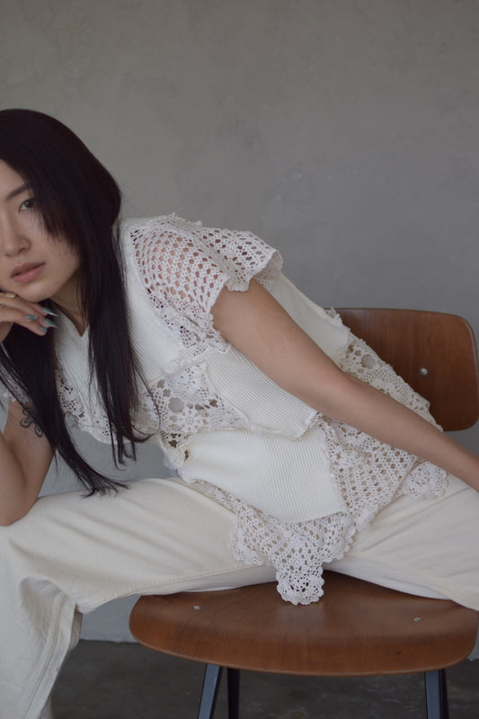 Upcycled Vintage Collection -White Lace Patchwork Top
