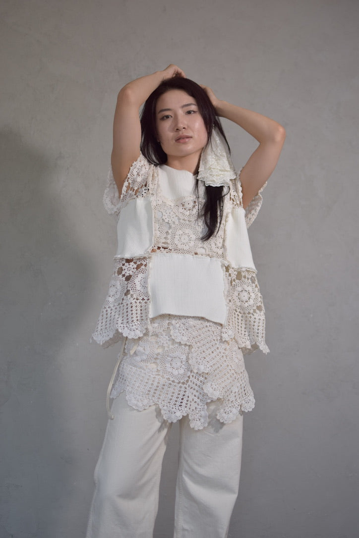 Upcycled Vintage Collection -White Lace Patchwork Top
