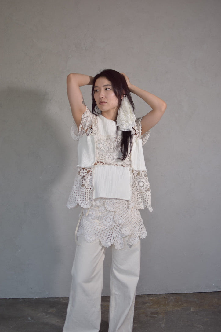 Upcycled Vintage Collection -White Lace Patchwork Top