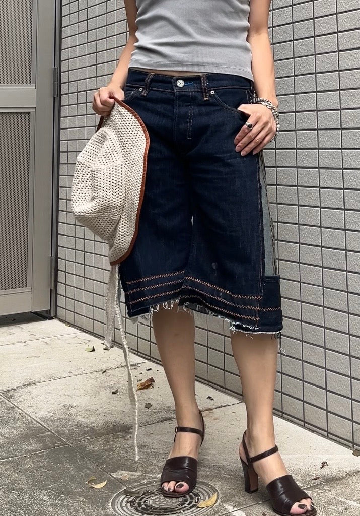 Upcycled Vintage Collection - Double Denim Wide Half Pants (Indigo)