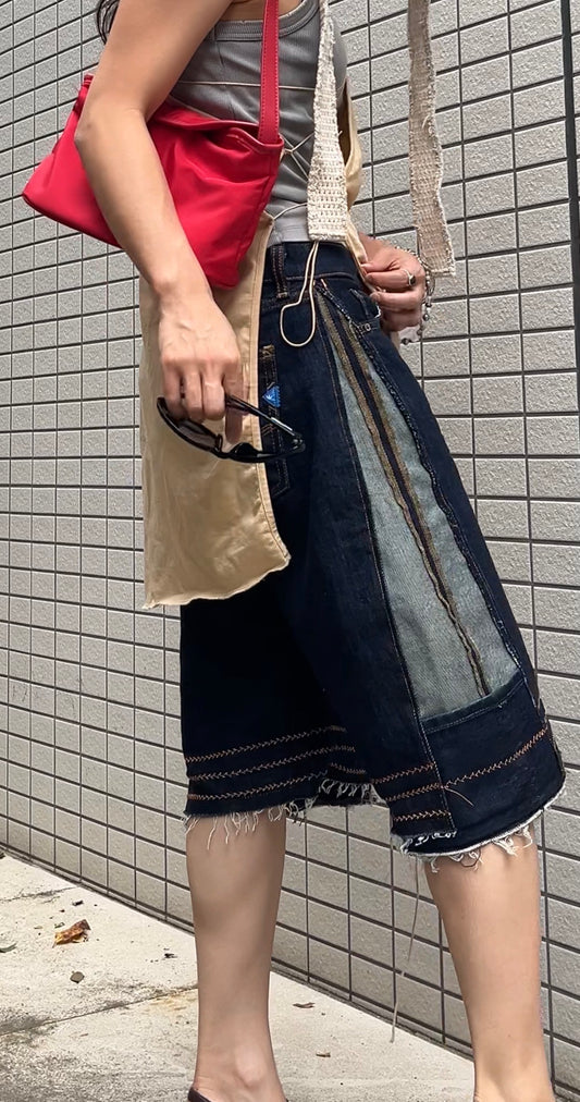 Upcycled Vintage Collection - Double Denim Wide Half Pants (Indigo)