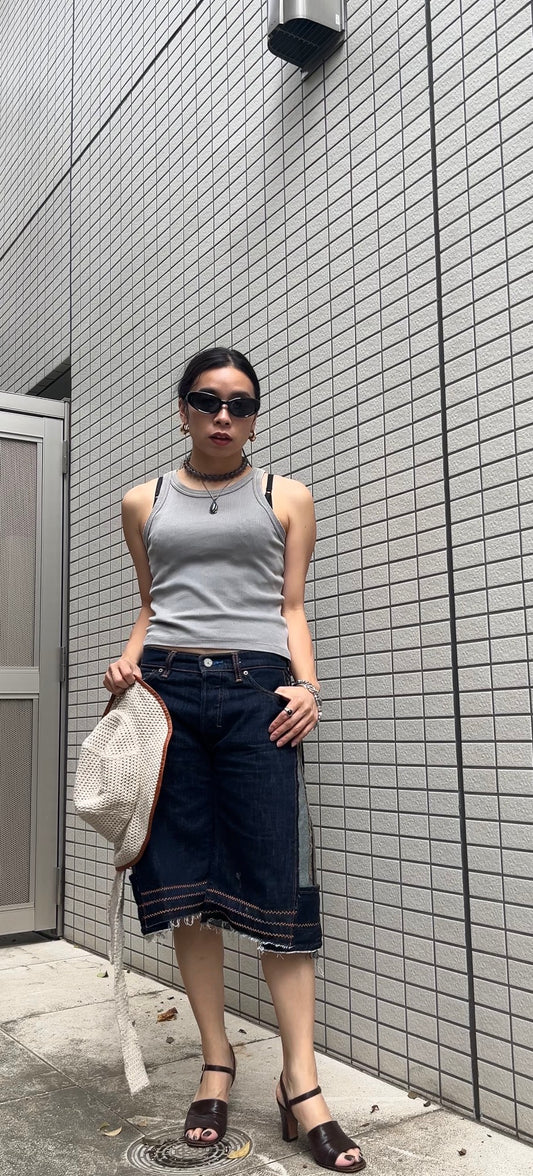Upcycled Vintage Collection - Double Denim Wide Half Pants (Indigo)